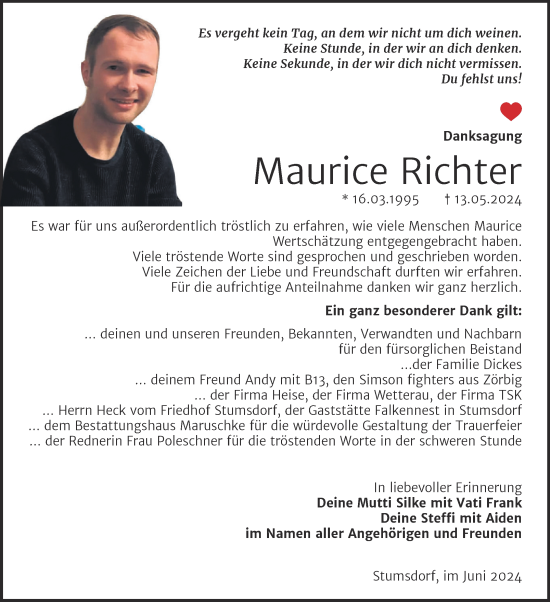 Traueranzeige von Maurice Richter von Mitteldeutsche Zeitung Halle/Saalkreis