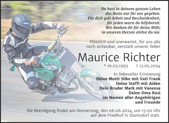 Traueranzeige von Maurice Richter von Mitteldeutsche Zeitung Halle/Saalkreis