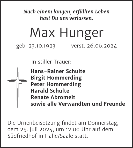 Traueranzeige von Max Hunger von Mitteldeutsche Zeitung Halle/Saalkreis