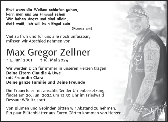 Traueranzeige von Max Gregor Zellner von Trauerkombi Dessau