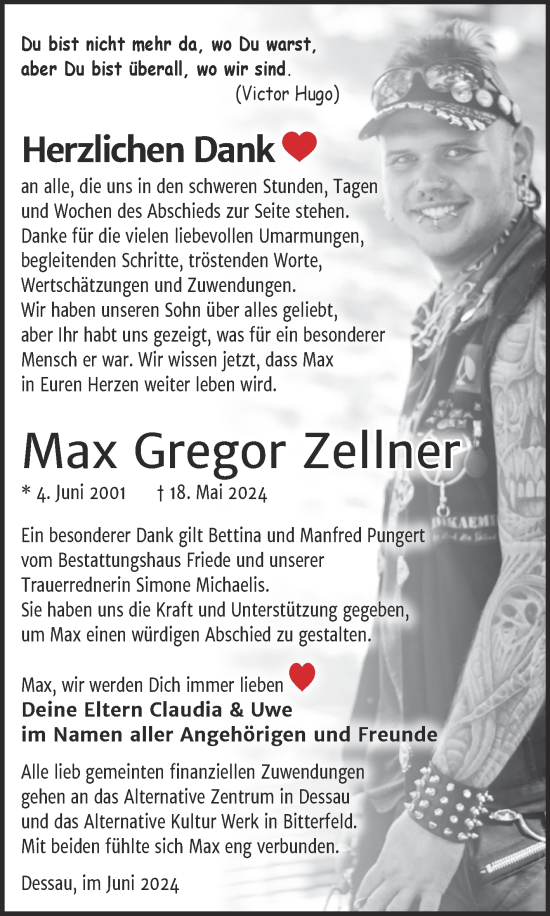 Traueranzeige von Max Gregor Zellner von Trauerkombi Dessau