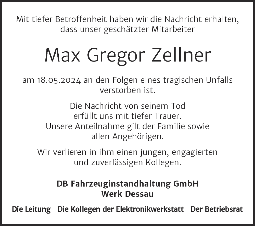  Traueranzeige für Max Gregor Zellner vom 15.06.2024 aus Mitteldeutsche Zeitung Dessau-Roßlau