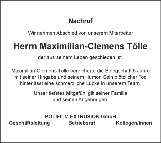 Traueranzeige von Maximilian-Clemens Tölle von Mitteldeutsche Zeitung Köthen