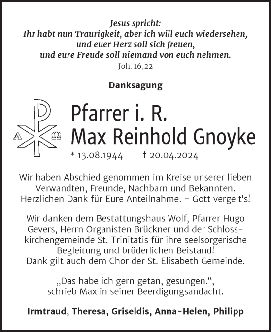 Traueranzeige von Max Reinhold Gnoyke von Trauerkombi Weißenfels