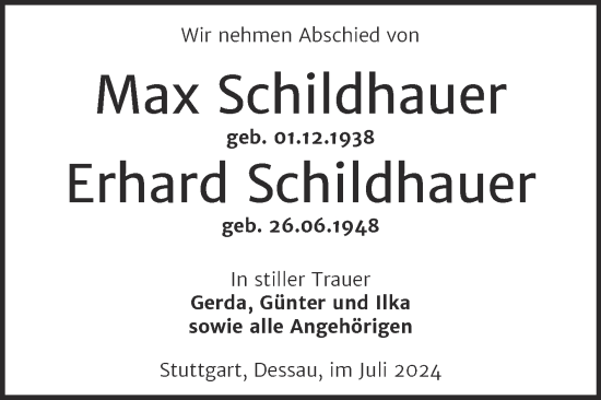 Traueranzeige von Max und Erhard Schildhauer von Trauerkombi Dessau