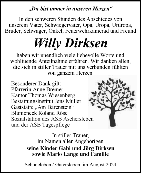 Traueranzeige von May Dirksen von Trauerkombi Aschersleben