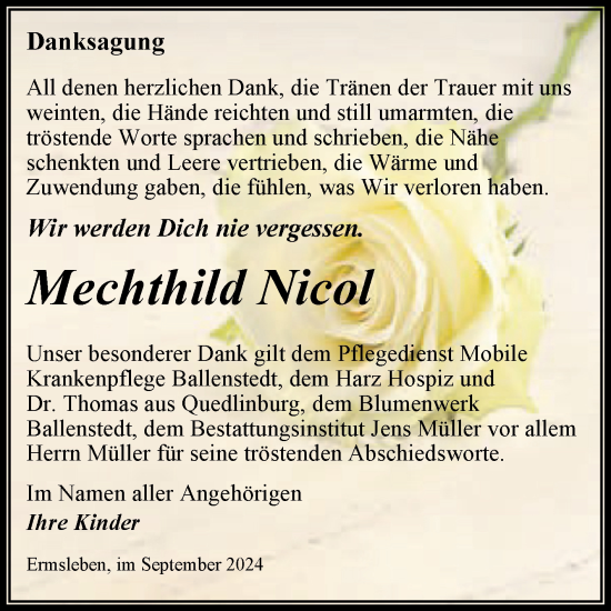 Traueranzeige von Mechthild Nicol von Trauerkombi Quedlinburg