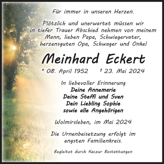Traueranzeige von Meinhard Eckert von Volksstimme Staßfurt