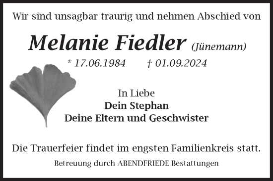 Traueranzeige von Melanie Fiedler von Volksstimme Magdeburg