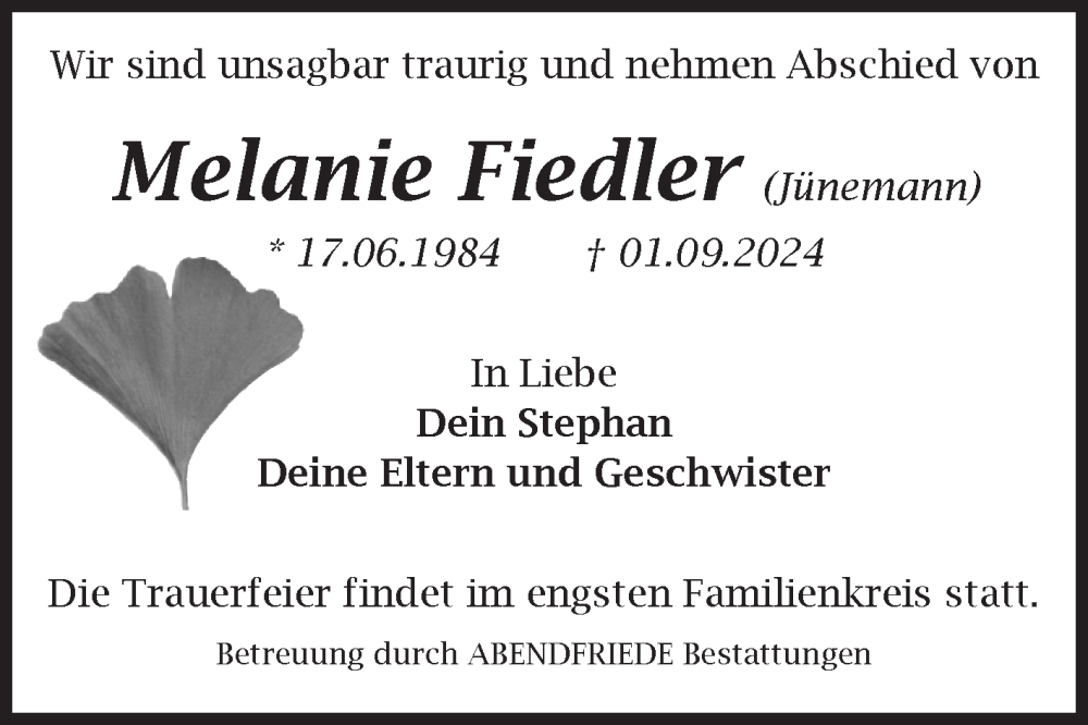  Traueranzeige für Melanie Fiedler vom 14.09.2024 aus Volksstimme Magdeburg