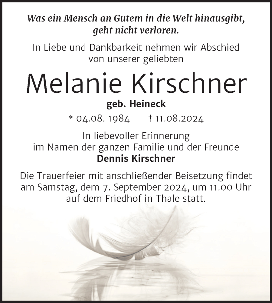  Traueranzeige für Melanie Kirschner vom 17.08.2024 aus Trauerkombi Quedlinburg