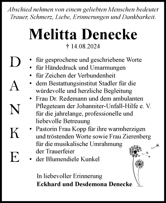 Traueranzeige von Melitta Denecke von Volksstimme Haldensleben/Wolmirstedt