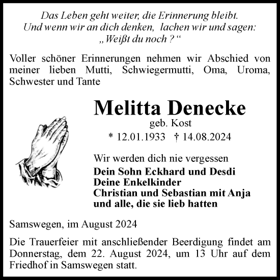 Traueranzeige von Melitta Denecke von Volksstimme Haldensleben/Wolmirstedt