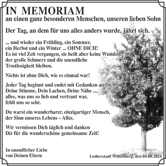 Traueranzeige von Memoriam für den Sohn  von Trauerkombi Wittenberg