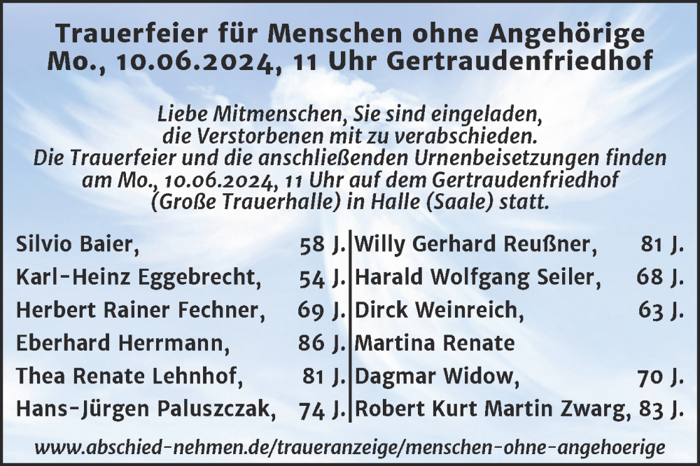  Traueranzeige für Menschen ohne Angehörige  vom 08.06.2024 aus Mitteldeutsche Zeitung Halle/Saalkreis