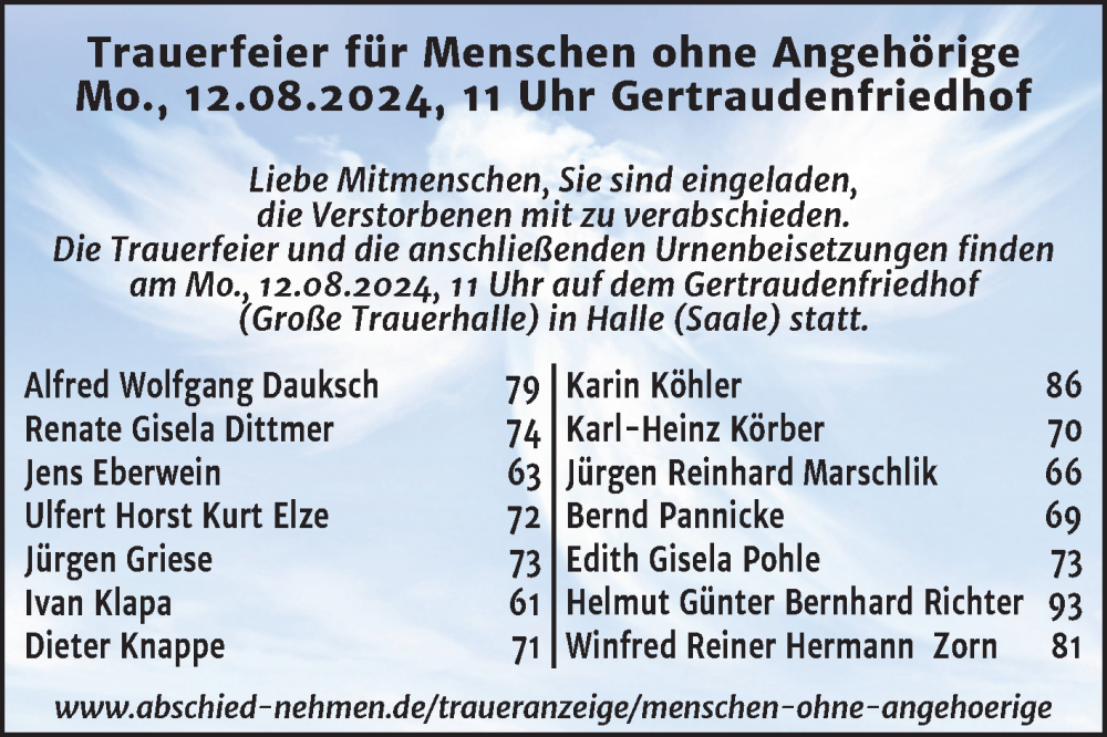  Traueranzeige für Menschen ohne Angehörige  vom 10.08.2024 aus Mitteldeutsche Zeitung Halle/Saalkreis