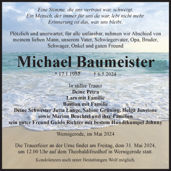 Traueranzeige von Michael Baumeister von Volksstimme Wernigerode