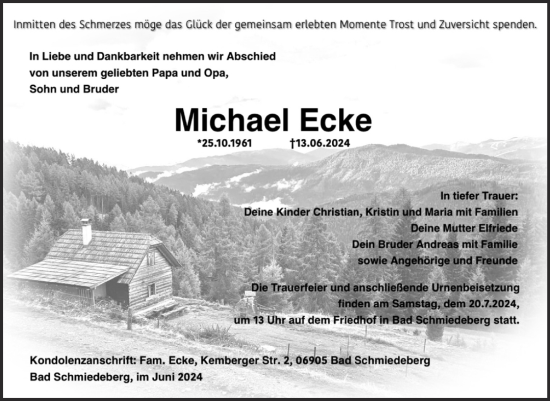 Traueranzeige von Michael Ecke von Trauerkombi Wittenberg
