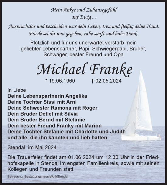 Traueranzeige von Michael Franke von Volksstimme Altmark Ost