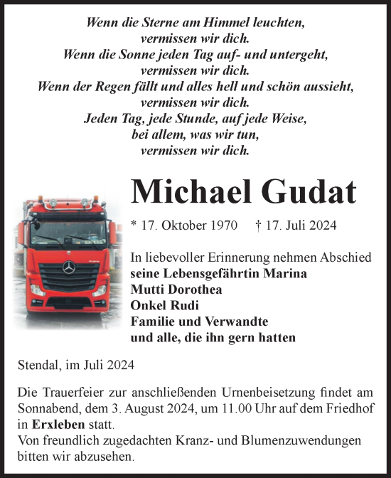 Traueranzeige von Michael Gudat von Volksstimme Altmark Ost
