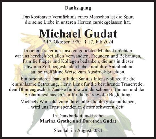 Traueranzeige von Michael Gudat von Volksstimme Altmark Ost