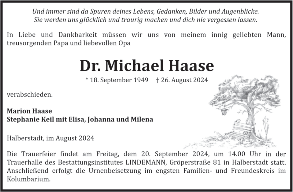  Traueranzeige für Michael Haase vom 31.08.2024 aus Volksstimme Halberstadt
