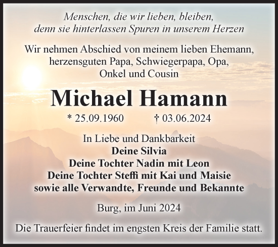 Traueranzeige von Michael Hamann von Volksstimme Burg/Genthin
