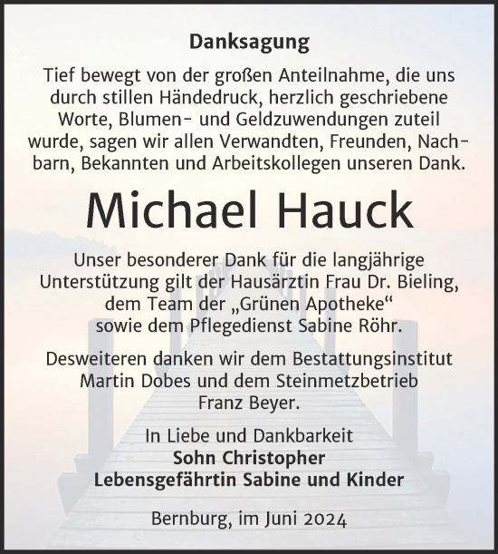 Traueranzeige von Michael Hauck von Trauerkombi Bernburg