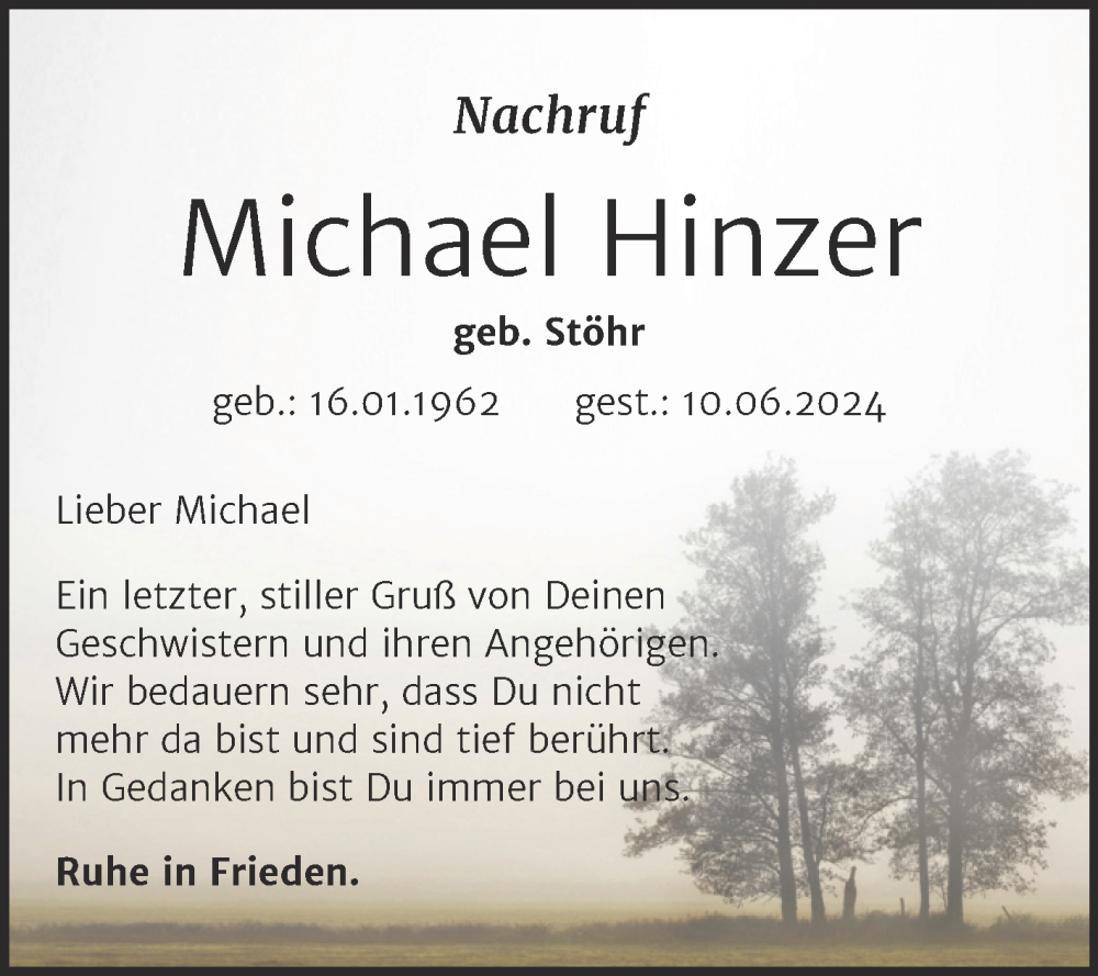  Traueranzeige für Michael Hinzer vom 19.07.2024 aus Naumburger Tageblatt