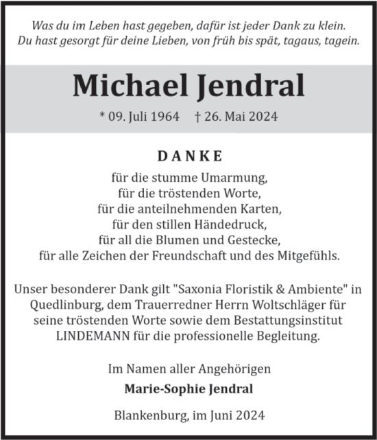 Traueranzeige von Michael Jendral von Volksstimme Wernigerode