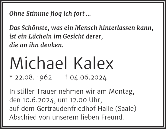 Traueranzeige von Michael Kalex von Mitteldeutsche Zeitung Halle/Saalkreis