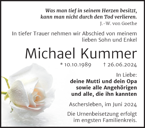 Traueranzeige von Michael Kummer von Trauerkombi Aschersleben
