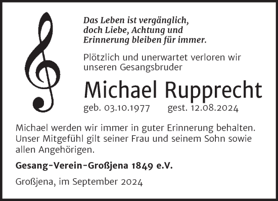 Traueranzeige von Michael Rupprecht von Naumburger Tageblatt