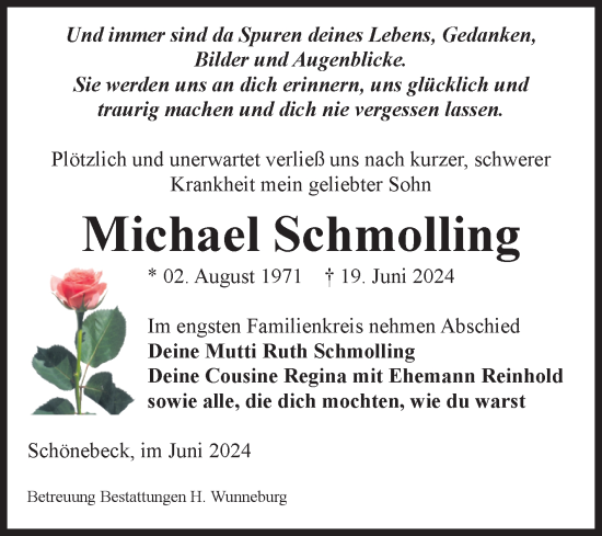 Traueranzeige von Michael Schmolling von Volksstimme Schönebeck