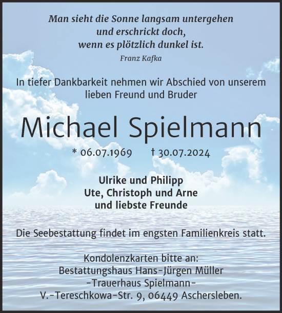 Traueranzeige von Michael Spielmann von Trauerkombi Aschersleben