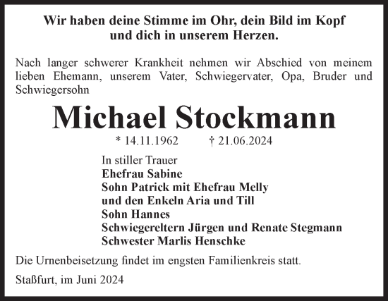 Traueranzeige von Michael Stockmann von Volksstimme Staßfurt