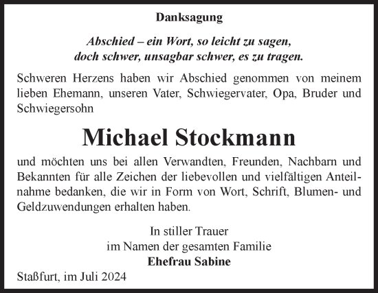 Traueranzeige von Michael Stockmann von Volksstimme Staßfurt