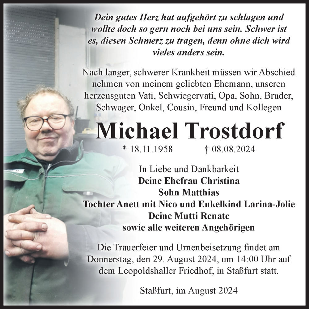  Traueranzeige für Michael Trostdorf vom 17.08.2024 aus Volksstimme Staßfurt