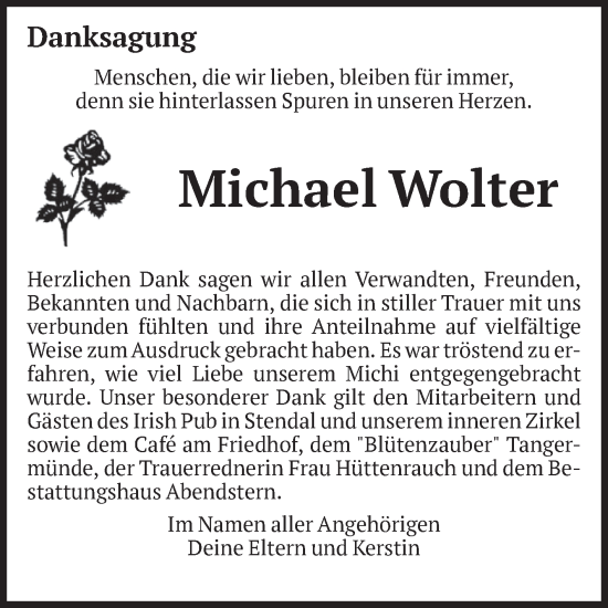 Traueranzeige von Michael Wolter von Volksstimme Altmark Ost