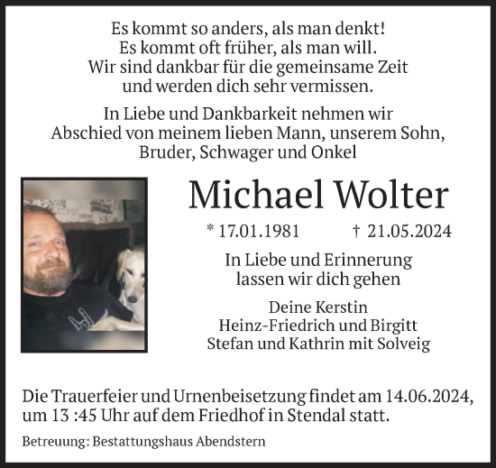 Traueranzeige von Michael Wolter von Volksstimme Altmark Ost