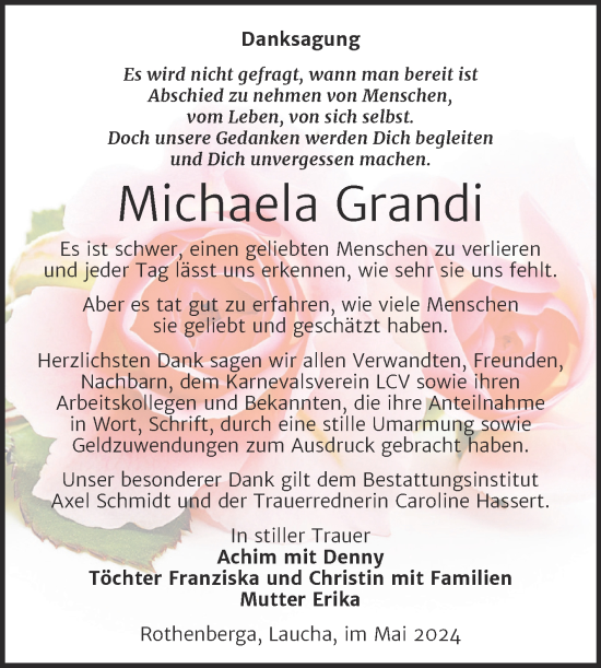 Traueranzeige von Michaela Grandi von Naumburger Tageblatt