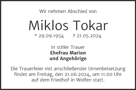 Traueranzeige von Miklos Tokar von Trauerkombi Bitterfeld