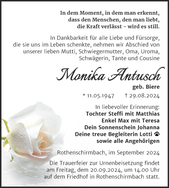 Traueranzeige von Monika Antusch von Trauerkombi Mansfelder Land