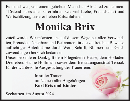 Traueranzeige von Monika Brix von Volksstimme Oschersleben/Wanzleben