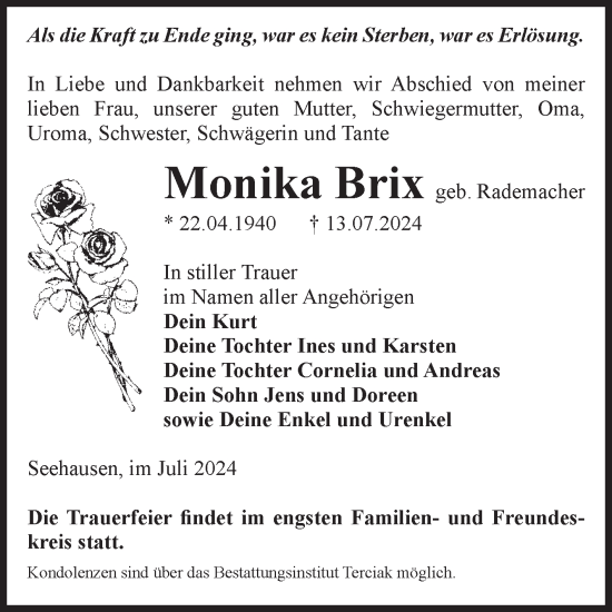 Traueranzeige von Monika Brix von Volksstimme Oschersleben/Wanzleben