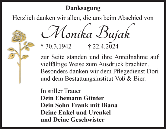 Traueranzeige von Monika Bujak von Volksstimme Wernigerode