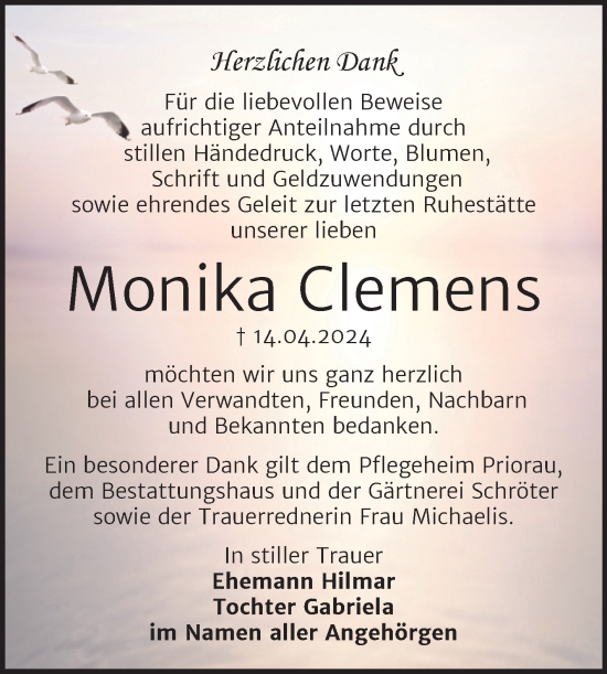 Traueranzeige von Monika Clemens von Trauerkombi Bitterfeld