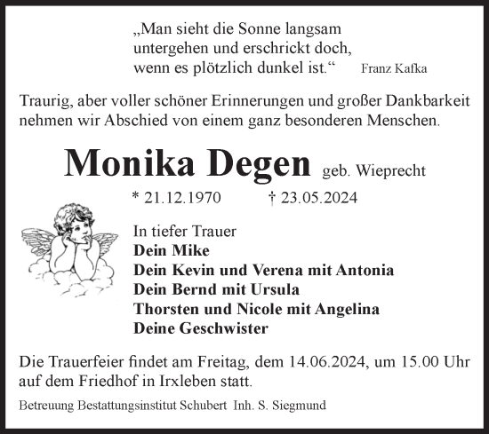 Traueranzeige von Monika Degen von Volksstimme Haldensleben/Wolmirstedt