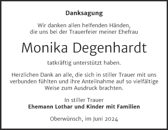 Traueranzeige von Monika Degenhardt von Trauerkombi Merseburg