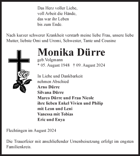 Traueranzeige von Monika Dürre von Volksstimme Haldensleben/Wolmirstedt